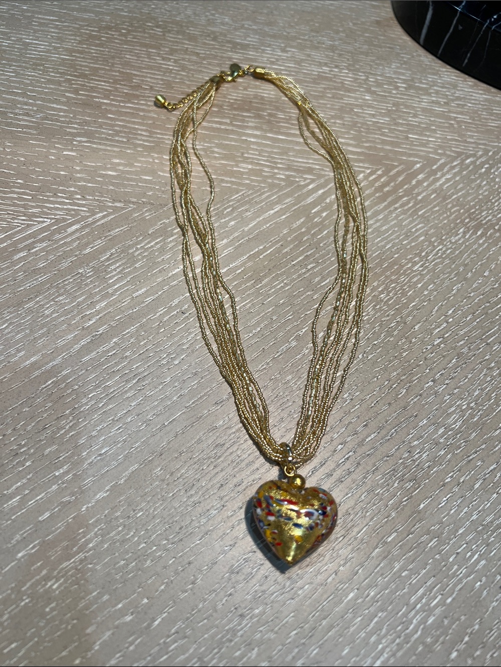 Vintage Murano Glass Gold Multi-Color Heart Pendant Multi-Strand Necklace